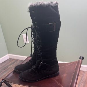 JustFab Black Lace-Up Boots with Fur Trim 10